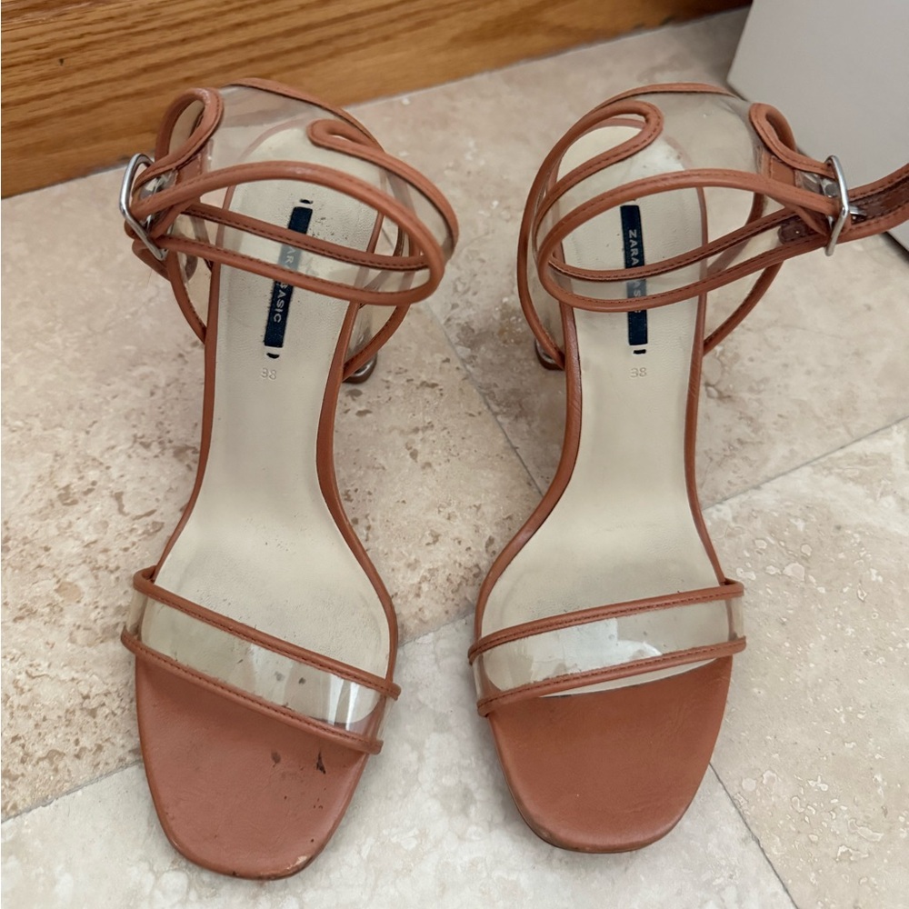Zara Tan Leather Heeled Sandals with Clear Straps